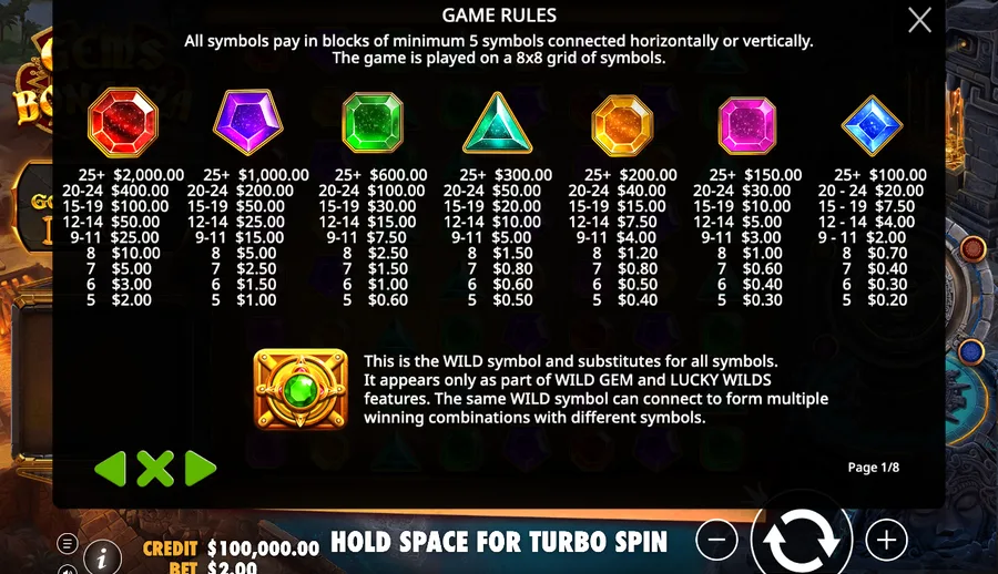 Gems Bonanza in-game paytable showing the seven gem pay values and the wild