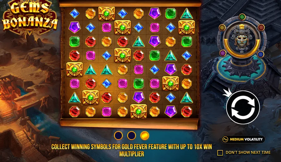 Gems Bonanza intro splash explaining Gold Fever with an up to 10x win multiplier